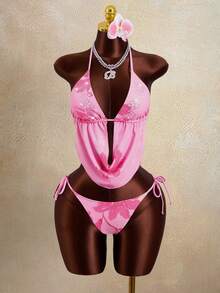 Zestiva Bộ bikini 4 mảnh dành cho nữ, cổ khoét sâu, đính đá lấp lánh, kiểu dáng suông, thích hợp cho tiệc bãi biển và kỳ nghỉ. - Hồng - Xem 6