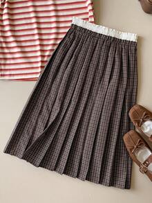 SHEIN Unity Chân váy nữ mùa xuân/hè mới với họa tiết kẻ caro và răng cưa, cạp chun phối màu tương phản, dây rút thắt nơ và xếp ly, trang phục mùa hè đa năng. - màu nâu - Xem 7