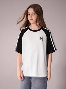 SHEIN Tween Girls' 2-Piece Set Pink & Green Bow Print Loose Round Neck T-Shirt,Black And White,Summer,Casual,School Comfortable Versatile Summer Tops - Multicolor - View 4