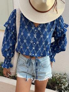 DAZY Women's V-Neck Drawstring Floral Embroidered Lantern Sleeve Casual Vacation Summer Blouse - Blue - View 4