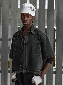 NEON BLANC Rhinestone Embellished Front Button Loose Casual Short Sleeve Denim Shirt - Black - View 4