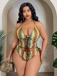 Slaydiva Áo bikini cỡ lớn dệt kim jacquard nhiều màu sắc, dây mảnh, cổ yếm buộc dây phía trước, khoét hở, gợi cảm, thời trang, hở lưng, thích hợp cho kỳ nghỉ biển. - Nhiều màu - Xem 3