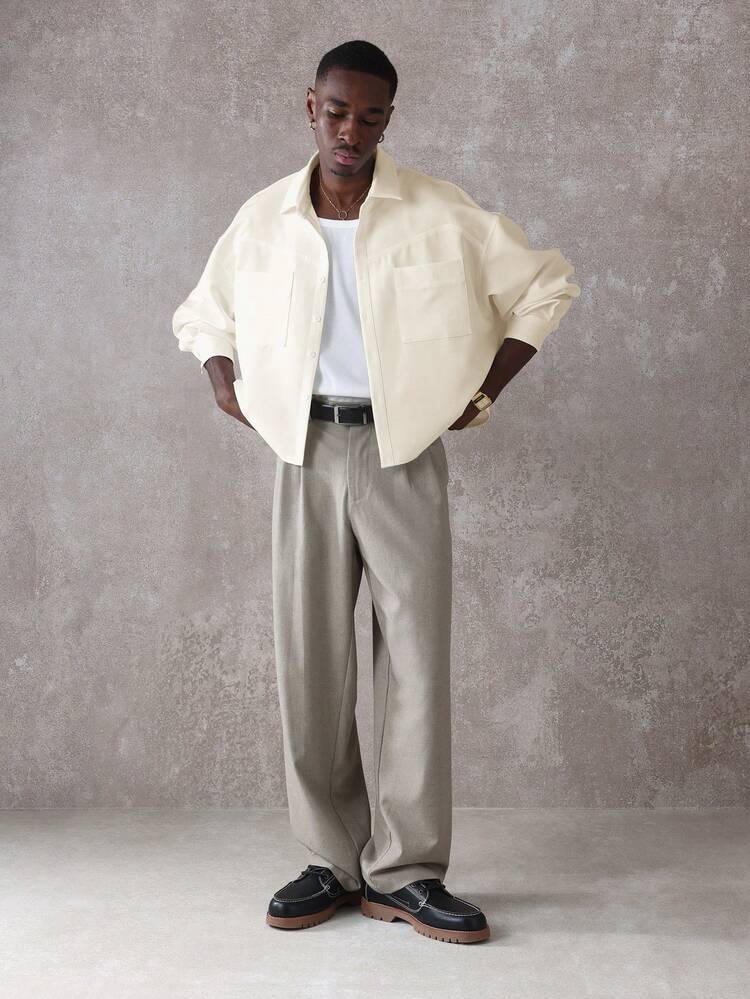 Cropped Long Sleeve Button Down Shirt With Front Pockets