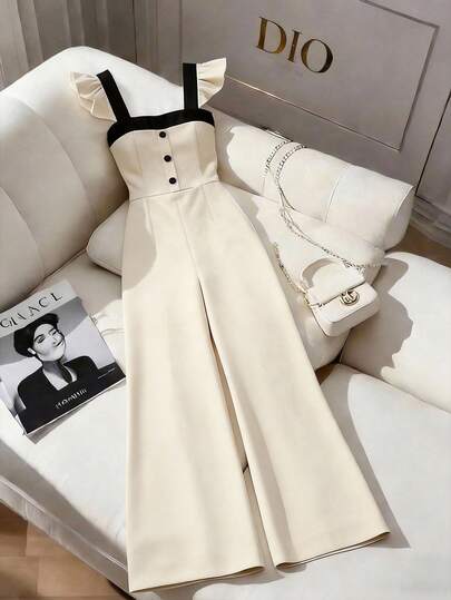 GlowEve 法式黑白撞色连体裤，收腰设计，优雅连体裤，适合日常外出、约会、度假、春夏穿着。