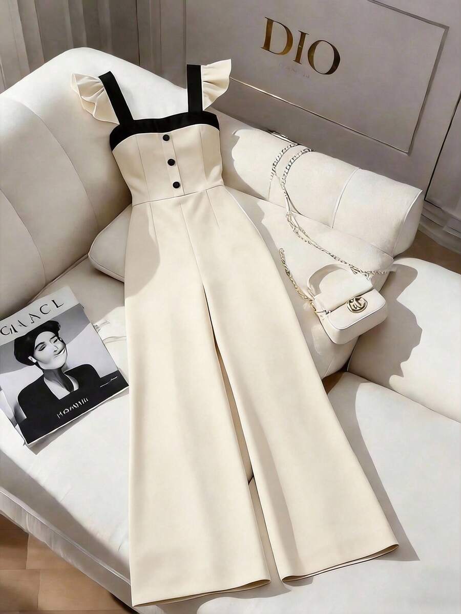 GlowEve Bộ jumpsuit kiểu Pháp phối màu đen trắng tương phản, có phần eo thắt lại, kiểu dáng thanh lịch, phù hợp cho các buổi đi chơi hàng ngày, hẹn hò, kỳ nghỉ, mùa xuân/hè. - Màu be - Xem 1