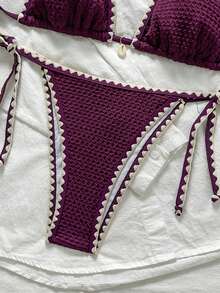 Swim Mod Women's Solid Color Jacquard Fabric Ruffle Trim Tie Strap 2-Piece Bikini Set, Summer - Purple - View 6