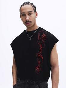 SUMWON 男士黑色纯棉背心，前后印有红色草书字体，无袖图案T恤 - 黑色 - 查看 4