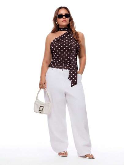 Solavibe Áo kiểu nữ cỡ lớn thanh lịch in chấm bi, vai lệch, thích hợp cho mùa hè.