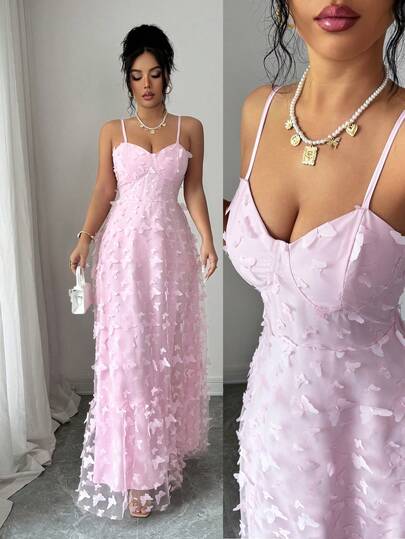 Modelyn 女士优雅蝴蝶贴花长吊带连衣裙，适合夏季度假和约会