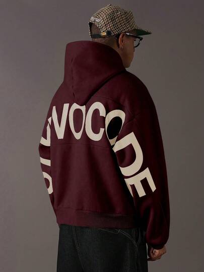 STYNVO Plus Size Men Casual Letter Graphic Loose Drop Shoulder Hoodie, Autumn