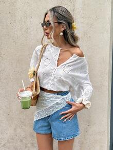 Serisse 女士圆领花卉刺绣图案单排扣休闲百搭日常衬衫，白色，法式镂空刺绣圆领衬衫，宽松七袖上衣，两种穿法，白色上衣，清新艺术感，夏季度假，优雅女士衬衫，伴娘上衣，派对上衣 - 杏色 - 查看 6