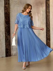 Roveilla 大码女装春夏新款婚礼宾客浪漫连衣裙，新娘礼服，晚礼服，正式女士礼服，优雅蕾丝拼接连衣裙，宽松长裙 - 藍色 - 查看 3