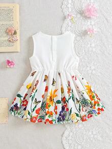 SHEIN 1 pieza Nuevo vestido mini de línea A sin mangas con cintura recogida, estampado floral acuarela, elegante y lindo, para niñas bebé, apropiado para salidas diarias, picnics, tardes de té, fiestas, cumpleaños, vacaciones, reuniones, viajes, sesiones de fotos, etc. - Blanco - Ver 3