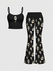 ROMWE Bộ đồ 2 món phong cách Gothic tối màu gồm mặt nạ, áo hai dây gợi cảm, quần ống loe cạp thấp xếp ly dành cho nữ. - màu đen - Xem 1