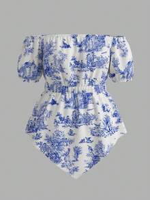 INAWLY Blouse ample pour femmes avec imprimé bleu et blanc de porcelaine, manches en pétale, taille haute, ourlet asymétrique, Top décontracté - Blanc - Voir 5