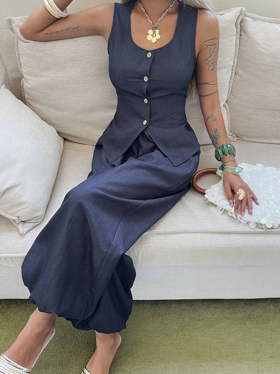 Livesso 春夏蓝色牛仔无袖开衫背心上衣，休闲办公商务套装直筒裤两件套，女士 - 藏蓝色 - 查看 1