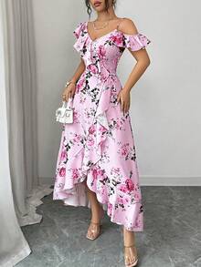 Elenzga 女士春夏新款浪漫复古宫廷风海滩度假氛围套装，适合日常聚会、约会派对，花卉印花，斜领荷叶边不规则下摆设计，粉色长款连衣裙 - 粉色 - 查看 4