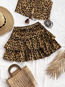 SHEIN Tall CURVE Plus Size Women Vintage Leopard Print Ruched Double-Layer Ruffle Hem Mini Cute Lunch Casual Skirt - Multicolor - View 2