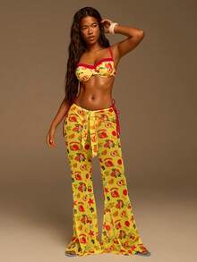 Athîral 女士休闲黄色水果印花泳衣、沙滩罩衫和裤子 - 黃色 - 查看 2
