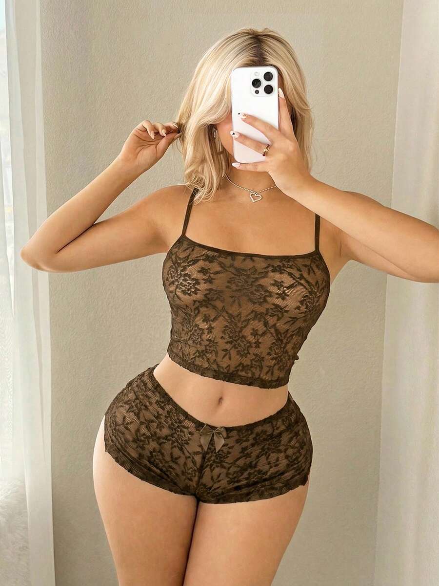 Sweetina Textured Fabric Camisole And Low-Waist Shorts Set - Coffee Brown - View 1