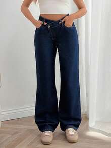 EURMUSE LOW WAIST STRAIGHT JEAN MEDIUM DARK BLUE COLOR CASUAL STYLE BUTTON CLOSURE Asymmetric Belt - Dark Wash - View 4