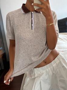 Livesso 女士休闲咖啡棕色宽松Polo领T恤，夏季 - 咖啡棕 - 查看 1