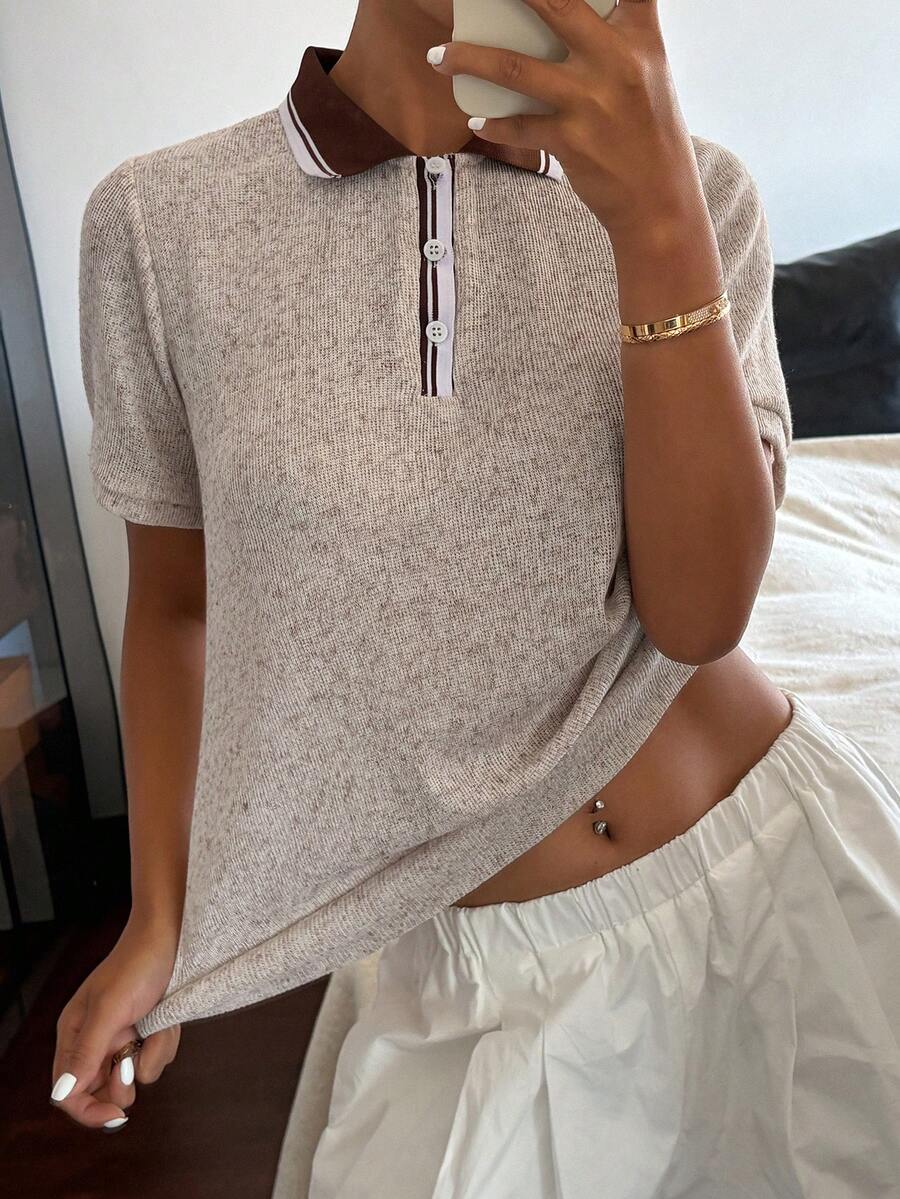 Livesso 女士休闲咖啡棕色宽松Polo领T恤，夏季 - 咖啡棕 - 查看 1