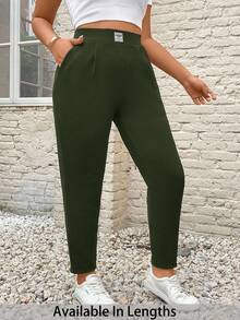 SHEIN PETITE CURVE 大码休闲高腰锥形裤 - 綠色 - 查看 1