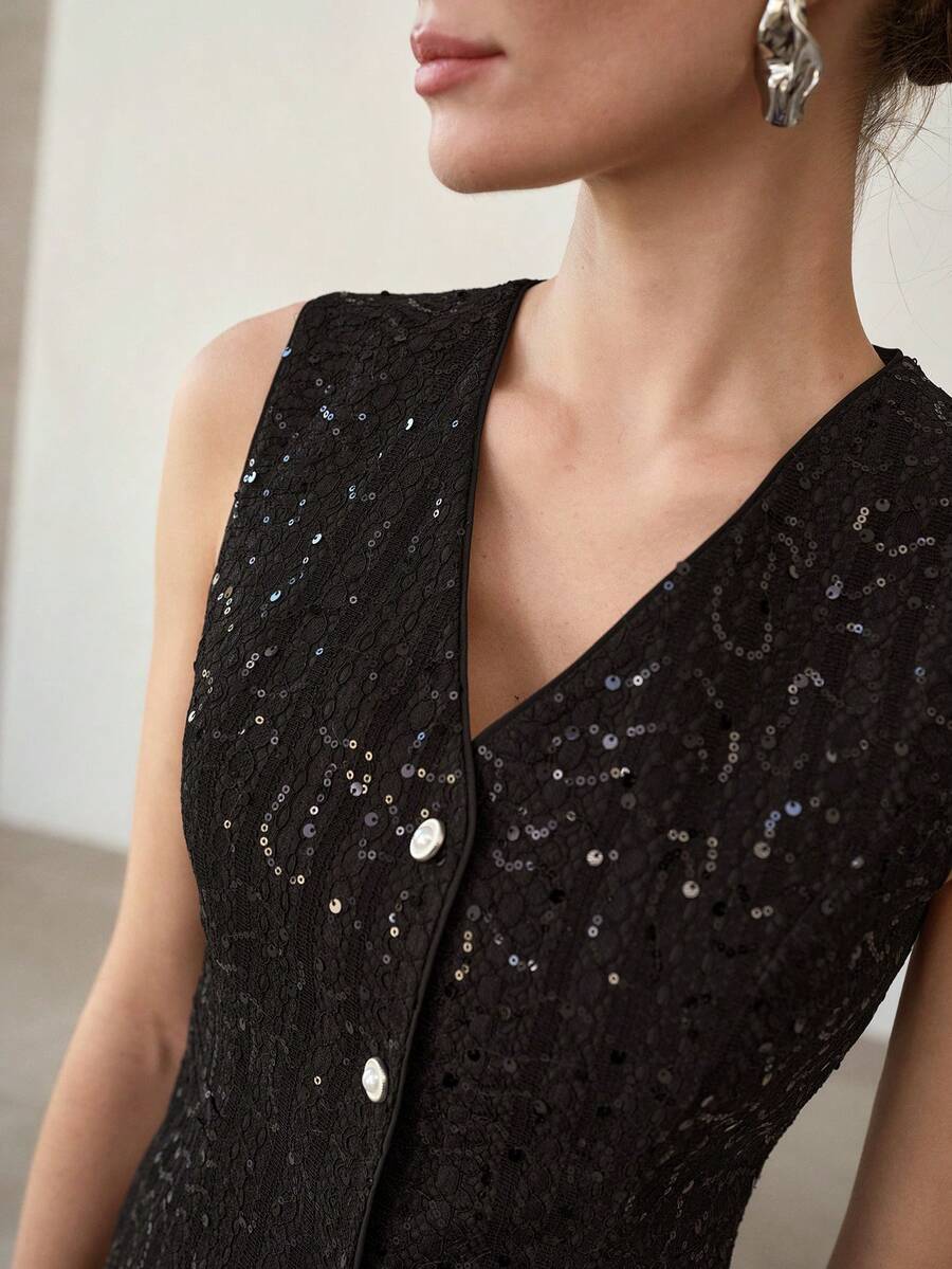 MOTF PREMIUM CONTRAST SEQUIN BUTTON UP WAISTCOAT - Black - View 2