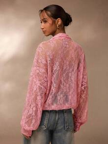 SHEIN Glamour Sheer Lace Blouse, Vacation,Beach Pink Romantic Long Sleeve Top Spring Boho - Pink - View 3