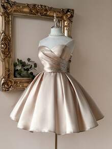 Lovelzi 优雅蓝色无肩带心形领口褶皱前襟奢华3D水钻装饰A字裙摆荷叶边下摆可调节系带晚礼服 - 杏色 - 查看 6