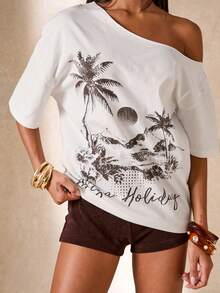 SHEIN BAE 女士不对称领口字母和花卉印花短袖T恤 - 白色 - 查看 4