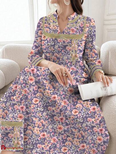 SHEIN Najma 花卉条纹印花V领开衩长袖连衣裙，优雅阿拉伯风格，适合春夏穿着，度假、休闲及日常穿着。