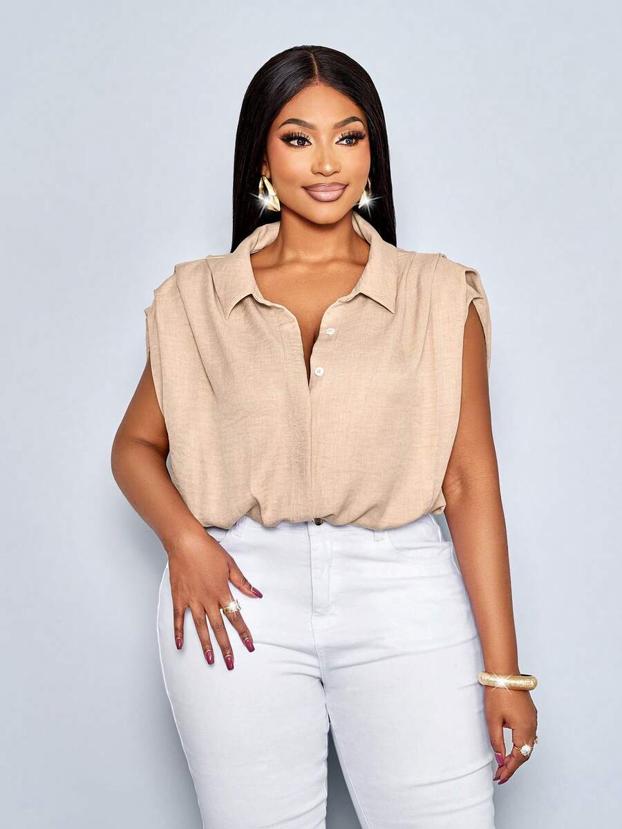 SOLERSUN Plus Size Women's Casual Linen Top For Spring And Summer, Solid Color, With Pleated Pockets And A Pleated Hem, Perfect For Everyday Wear And Casual Vacations,Fashionable Commute - Khaki - View 1