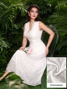 Modelyn Đầm midi dáng xòe không tay, cổ chữ V, thêu họa tiết, kiểu Pháp thanh lịch dành cho nữ. - trắng - Xem 4