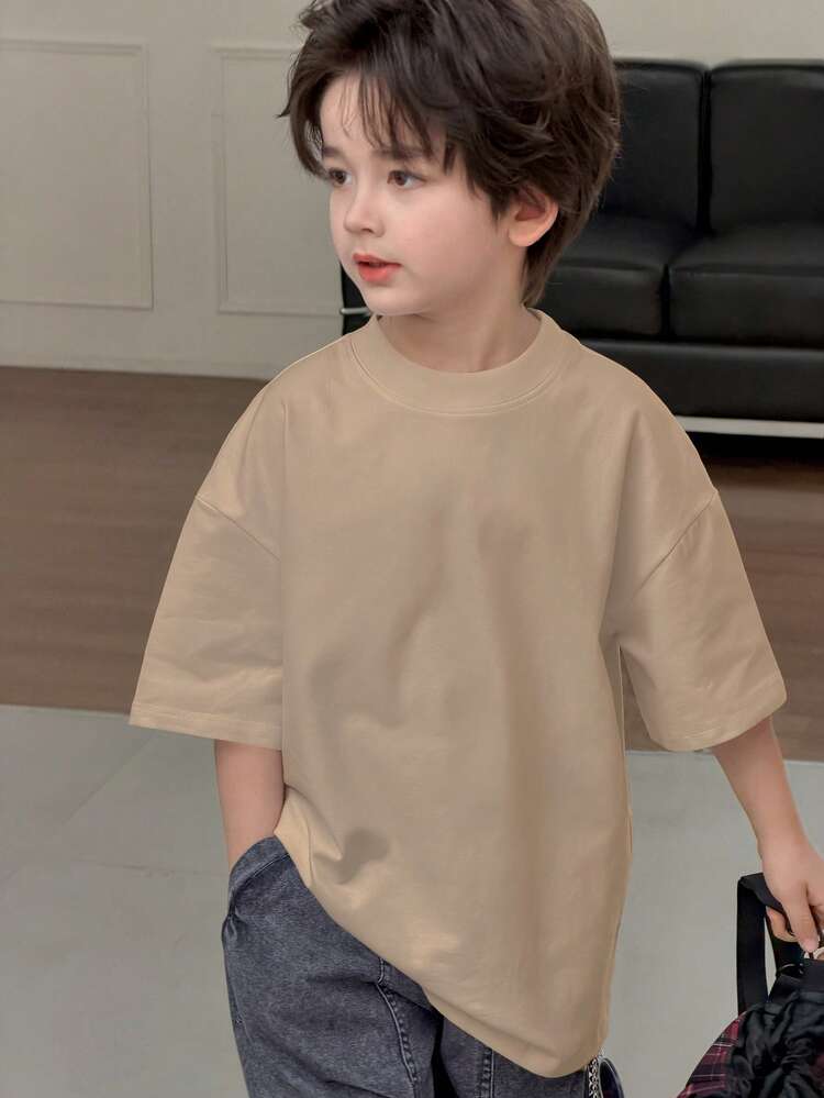 Tween Boy Solid Color Round Neck Drop Shoulder Casual Loose Short Sleeve T-Shirt Summer
