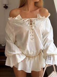 DAZY Women's Loose Off-Shoulder Ruffle Tie-Up Flare Sleeve Pleated Hem Elegant Summer Blouse - Apricot - View 4