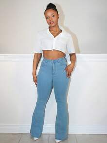 Steph T 拉链门襟喇叭腿牛仔裤，女士休闲纽扣，口袋，拉链高腰喇叭腿长款灰蓝色棉质常规版型女式牛仔裤，春/秋，休闲日常穿着 - 霧霾藍 - 查看 1