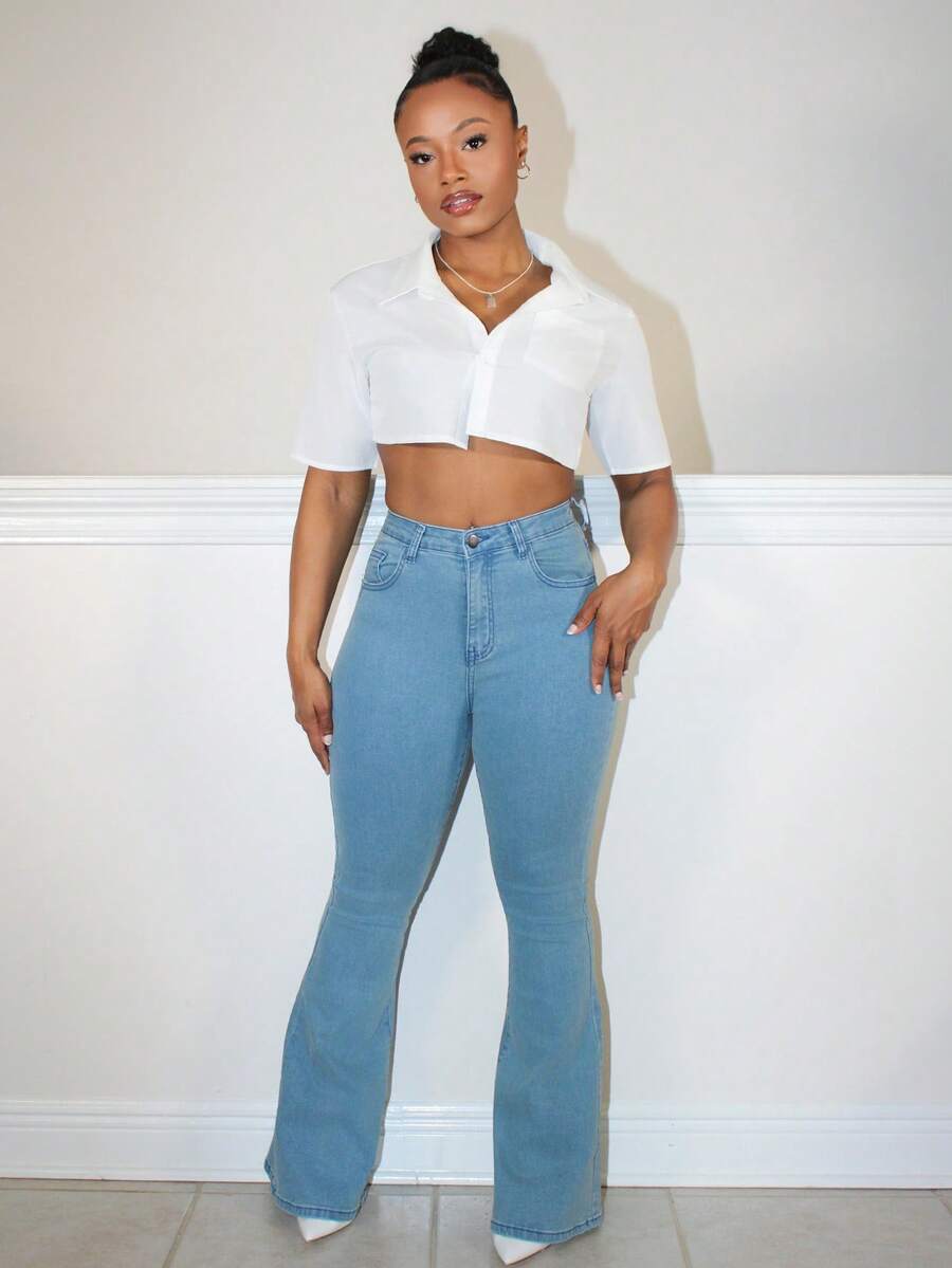 Steph T 拉链门襟喇叭腿牛仔裤，女士休闲纽扣，口袋，拉链高腰喇叭腿长款灰蓝色棉质常规版型女式牛仔裤，春/秋，休闲日常穿着 - 霧霾藍 - 查看 1