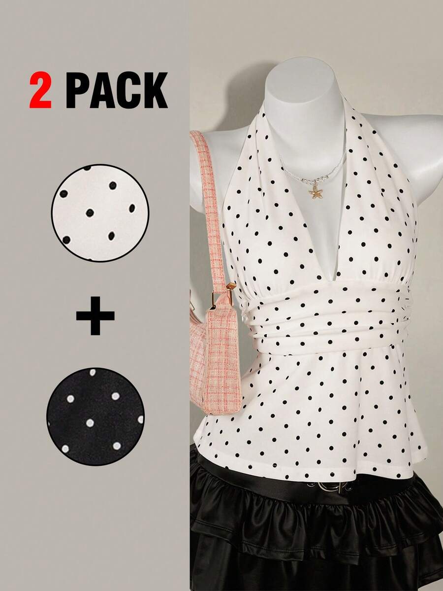 SHEIN ICON Conjunto de 2 piezas con camiseta sin mangas con escote en V profundo, cintura ceñida y estampado de lunares, espalda descubierta, color negro y blanco - Blanco y Negro - Ver 1