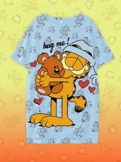 GARFIELD | SHEIN Volná noční košilka s kulatým výstřihem a roztomilým kresleným potiskem koček pro větší děti na léto