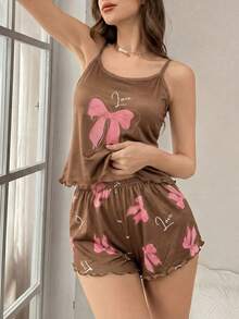 SHEIN 年轻休闲粉色蝴蝶印花荷叶边吊带背心和短裤睡衣套装 - 彩色 - 查看 6