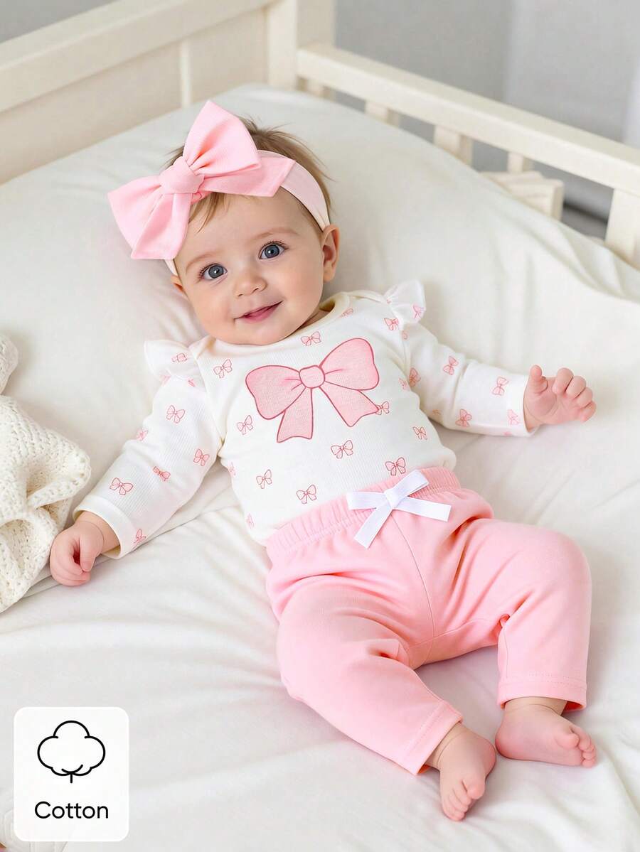 SHEIN 新生儿圆领荷叶边长袖蝴蝶结装饰舒适透气上衣和裤子套装 - 淺粉色 - 查看 1