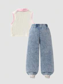 Souflis Souflis 2-Piece Girls Outfit Sets Aged 4-7,Sleeveless Top With Embroidered Denim Pants,Summer,Family Matching,Back-To-School Fashionable Casual Jeans Outfit - Multicolor - View 2