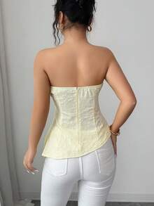 Elenzga 女士春夏新款优雅通勤百搭简约旅行装，性感派对装，高端提花面料浅黄色抹胸上衣 - 黃色 - 查看 2