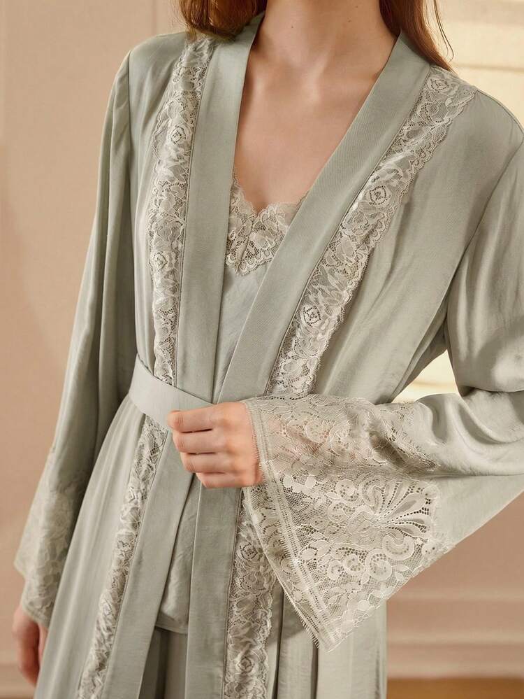 LACE TRIM PATCHWORK ELEGANT LONG ROBE