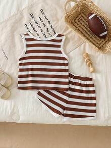 Toddler Boys' Brown & White Striped Bear Embroidered Sleeveless Vest With Shorts, 2pcs Casual Homewear Set - Coffee Brown - View 2