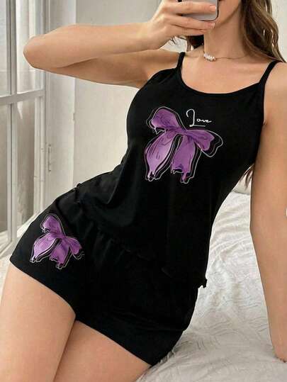 Set de 2 piezas de pijama informal con camiseta de tirantes con volantes y pantalón corto con estampado de mariposas rosa, estilo juvenil