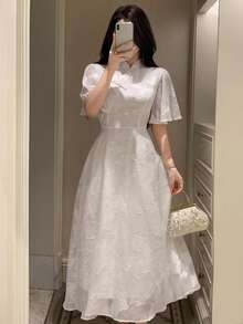 DAZY 女士优雅印花立领荷叶袖中长连衣裙，夏季 - 米色 - 查看 6