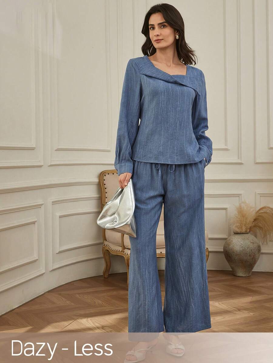 Dazy-Less 女士春秋季休闲度假风露肩长袖上衣搭配抽绳阔腿裤两件套，商务休闲女装 - 藍色 - 查看 1